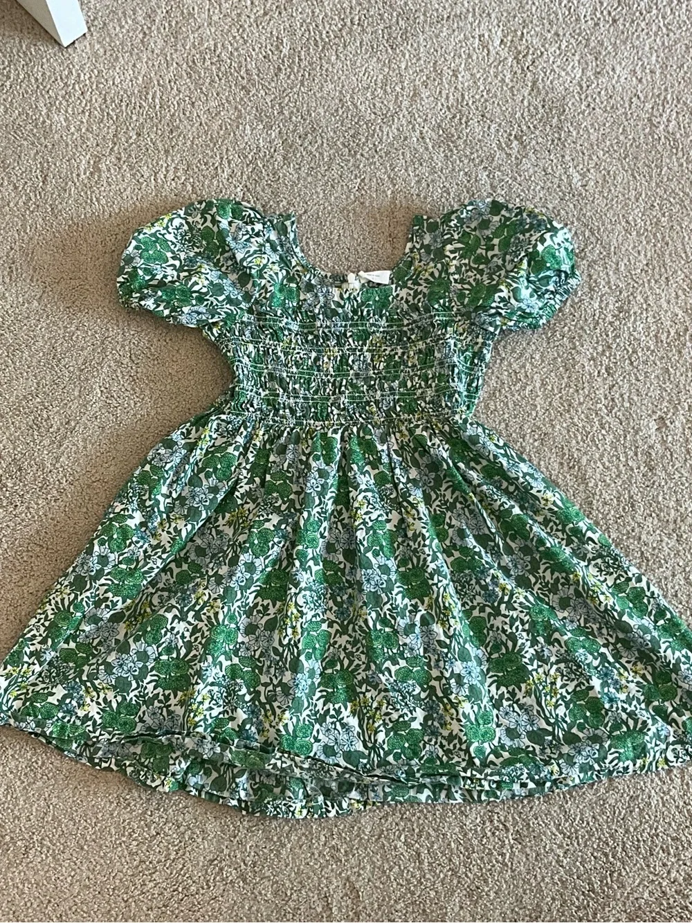Green Floral Smocked Puff-Sleeve Kids Dress